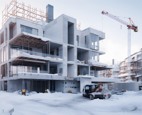 Apartment building under construction in the winter.